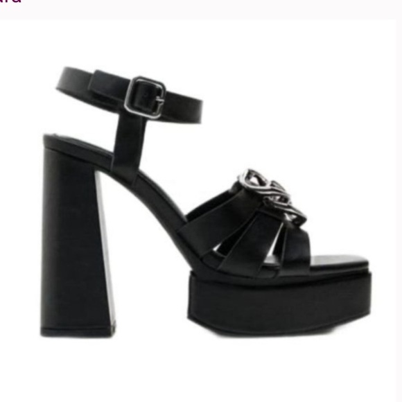 NEW Zara Black Chain Detail Chunky High Heel Platform Sandals Size 38 - Picture 2 of 10